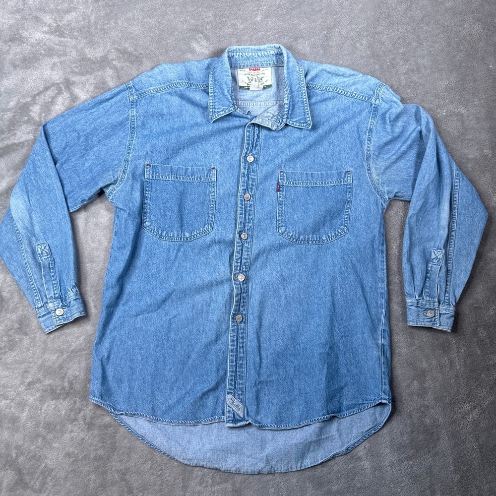 Vintage 90s Levis Size M Blue Denim Shirt Mens Metal Buttons Red Tab Y2K